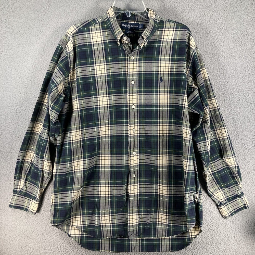 Ralph Lauren Shirt Men's Large Green Plaid Blake 100% Cotton Long‎ Sleeve Button